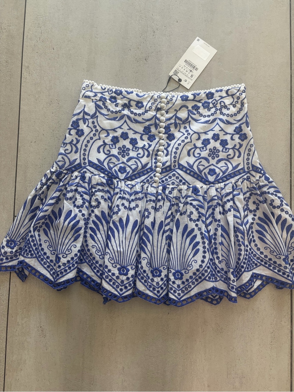 Zara White and Blue Embroidered Tiered Mini Skirt